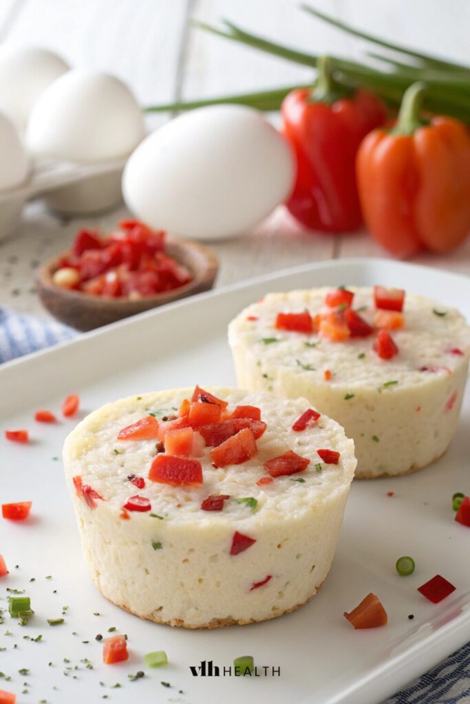 A light, fluffy egg bite made with egg whites, roasted red peppers, and Monterey Jack cheese – a healthy high-protein egg bite recipe.