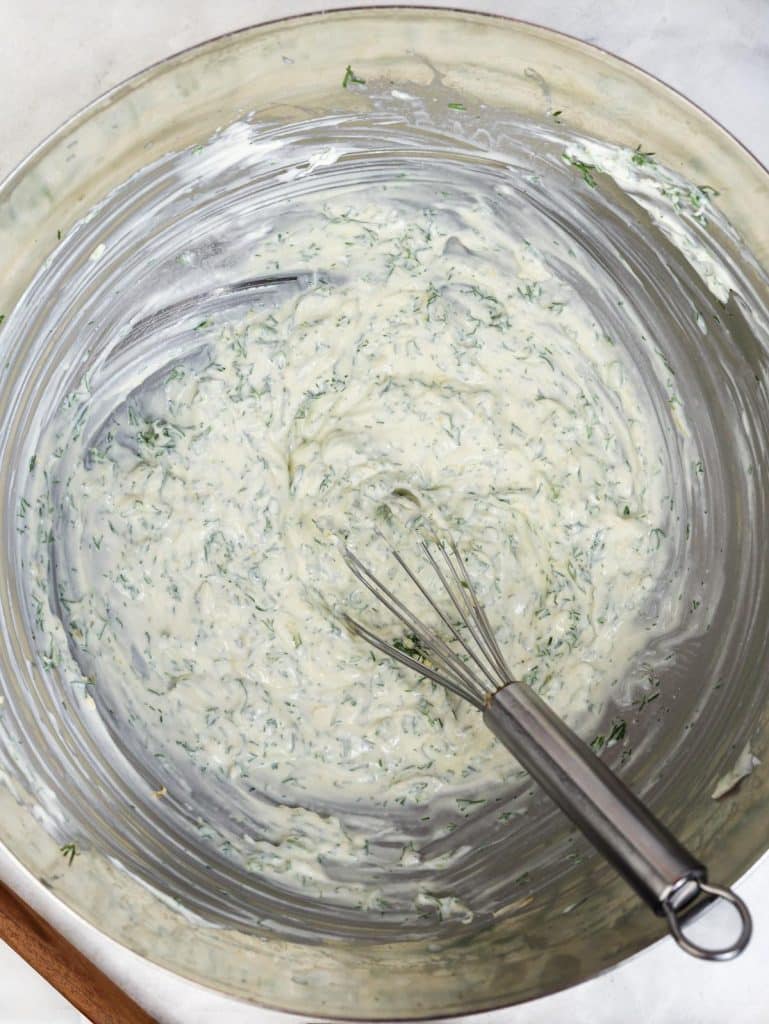Creamy greek yogurt and dill dressing for low calorie high protein tuna pasta