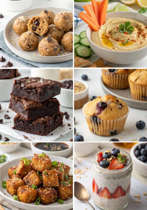 A collage of high protein dairy free snacks, including protein energy balls, hummus with veggie sticks, black bean brownies, vegan blueberry muffins, crispy tempeh bites, and chia seed pudding with fresh fruit.