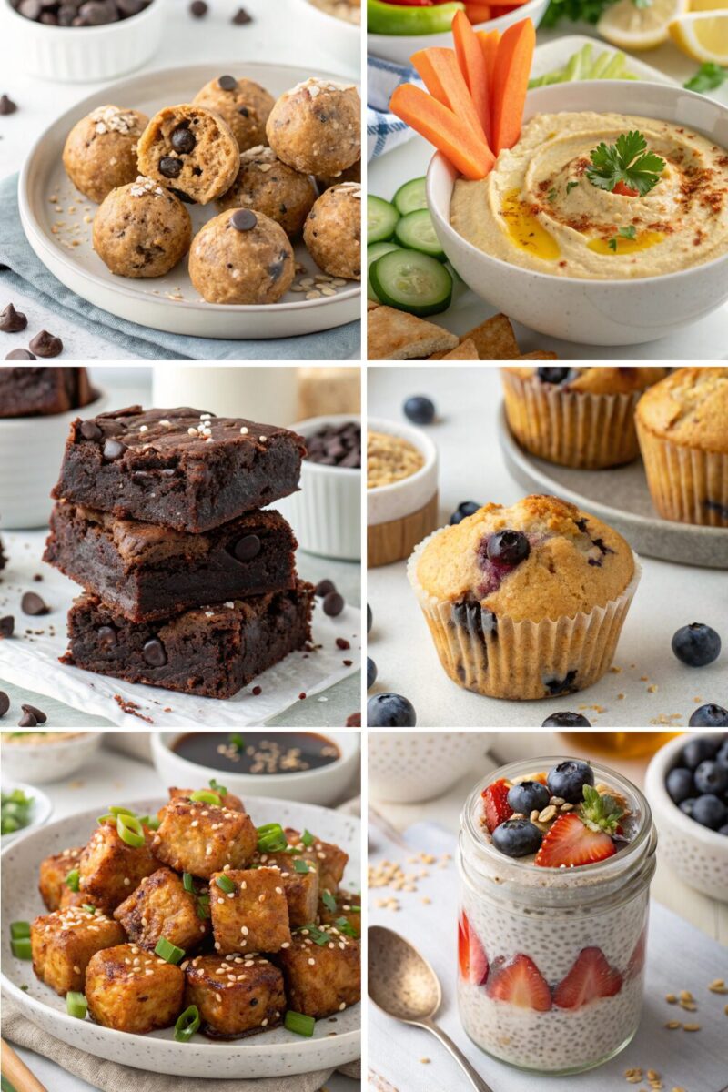 A collage of high protein dairy free snacks, including protein energy balls, hummus with veggie sticks, black bean brownies, vegan blueberry muffins, crispy tempeh bites, and chia seed pudding with fresh fruit.