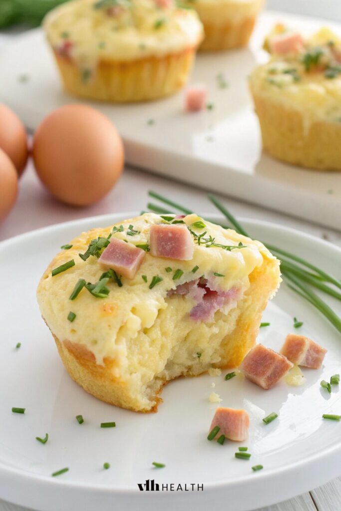 A savory, high-protein egg bite with diced ham, Swiss cheese, and fresh chives, perfect for a protein-packed breakfast on the go.