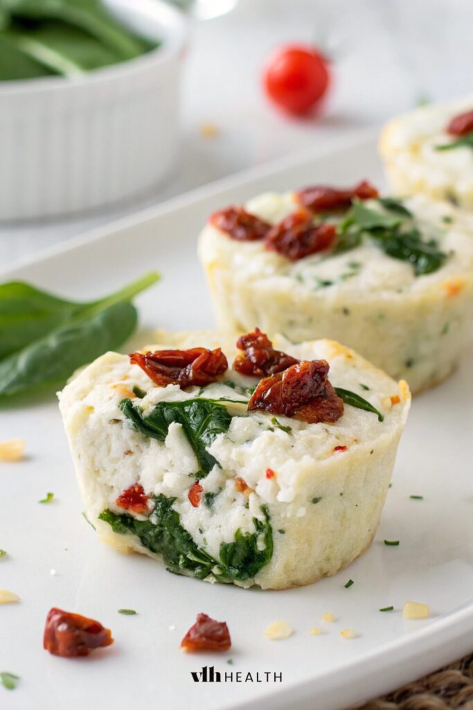 Egg white bites with spinach, feta cheese, and sun-dried tomatoes, a Mediterranean-inspired high-protein egg bite recipe.