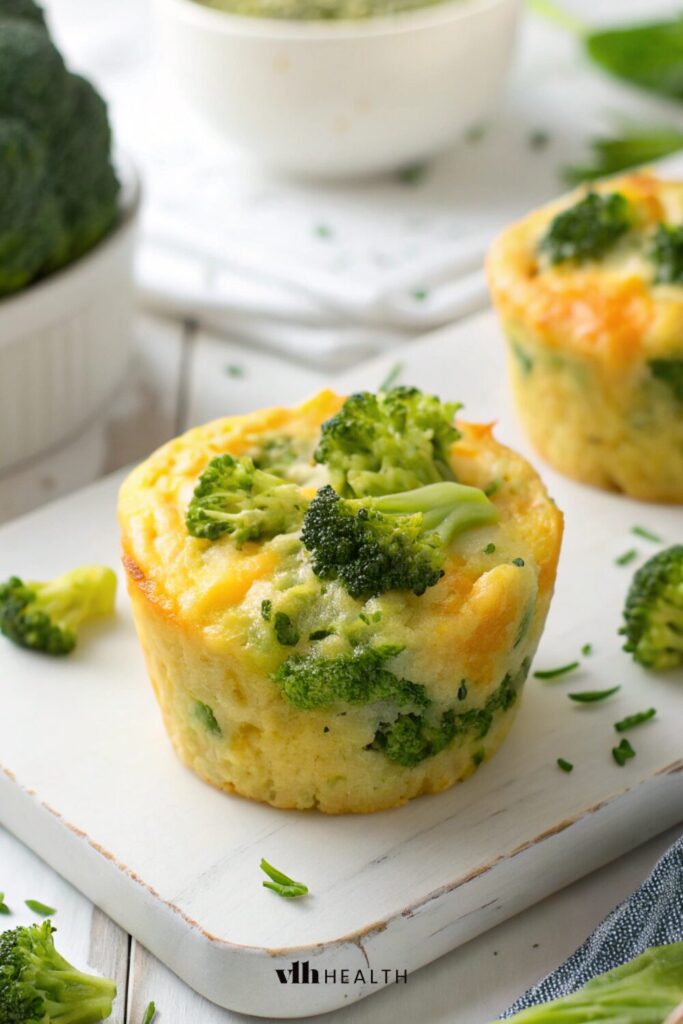 A cheesy high protein egg bite with steamed broccoli and sharp cheddar cheese, ideal for a healthy, protein-packed breakfast.

