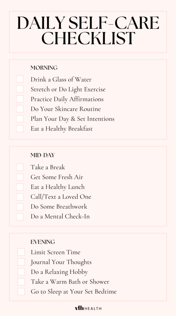free printable daily self-care checklist template with 17 self-care activities for morning, mid-day, and evening.