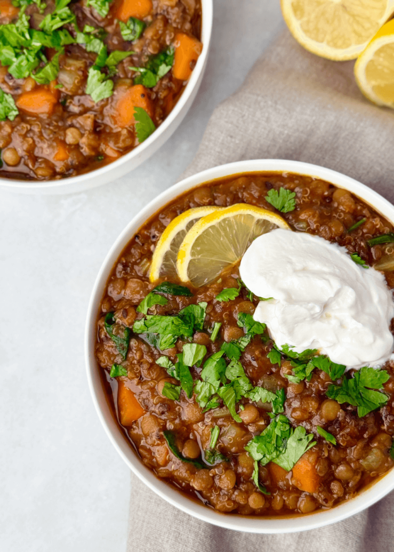 two bowls of lentil soup, excellent examples of high volume high protein meals