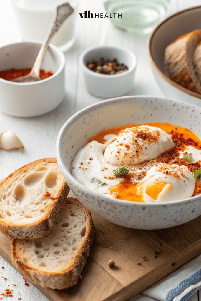 Turkish eggs with Greek yogurt, chili oil, and crusty sourdough