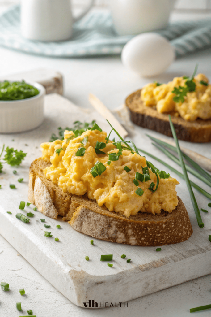 High-protein scrambled eggs with cottage cheese on sourdough toast, topped with fresh herbs