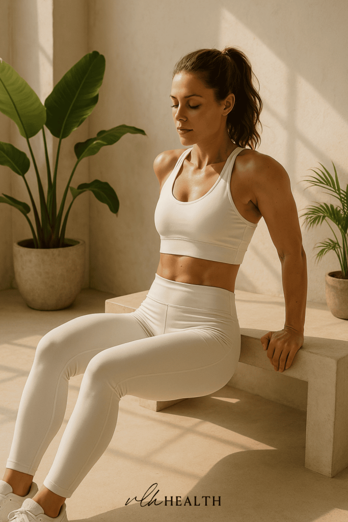A woman performing tricep dips on a neutral-toned bench.