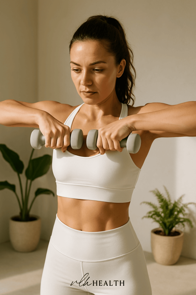 Woman performing the Pilates zip-up movement with small dumbbells.