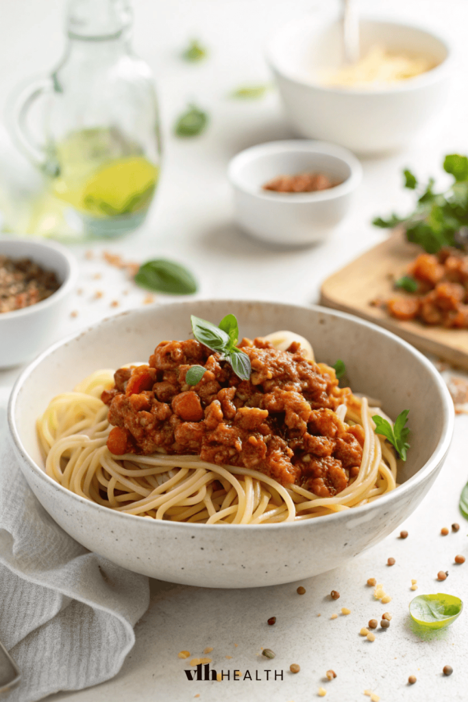 Lentil and walnut bolognese served over spaghetti