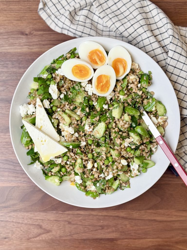 Protein-packed Mediterranean farro salad with lentils, feta, and mint.