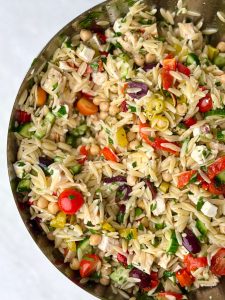 Greek Chicken and Orzo Pasta Salad with Marinated Feta