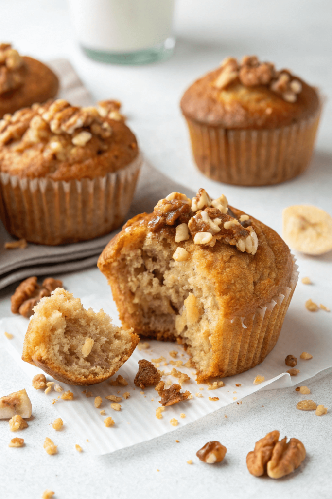 Moist banana bread protein muffins topped with chopped walnuts, one broken open to reveal the fluffy texture, styled with milk and scattered crumbs.
