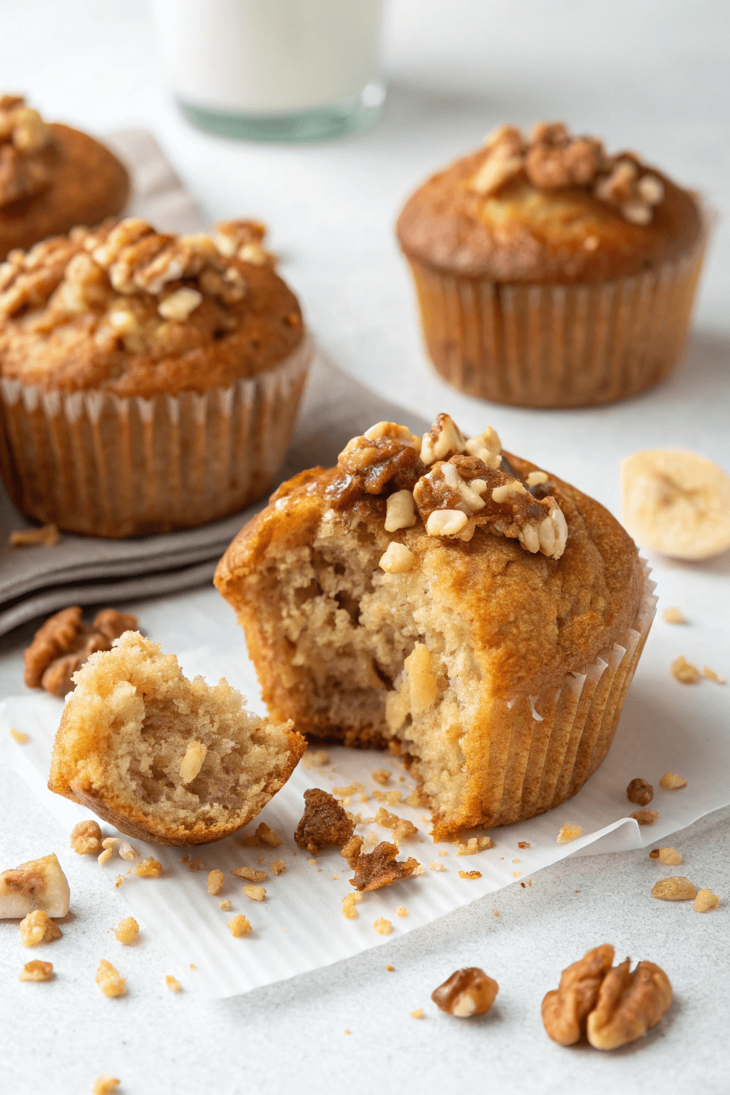 Moist banana bread protein muffins topped with chopped walnuts, one broken open to reveal the fluffy texture, styled with milk and scattered crumbs.