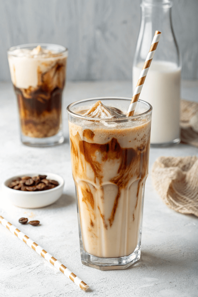Two glasses of protein iced coffee with almond milk and espresso swirled together over ice, served with striped straws for a refreshing high-protein drink.