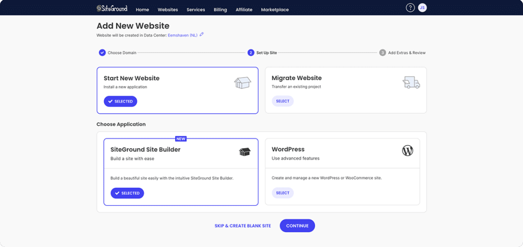 Siteground enables you to set up your website in one step