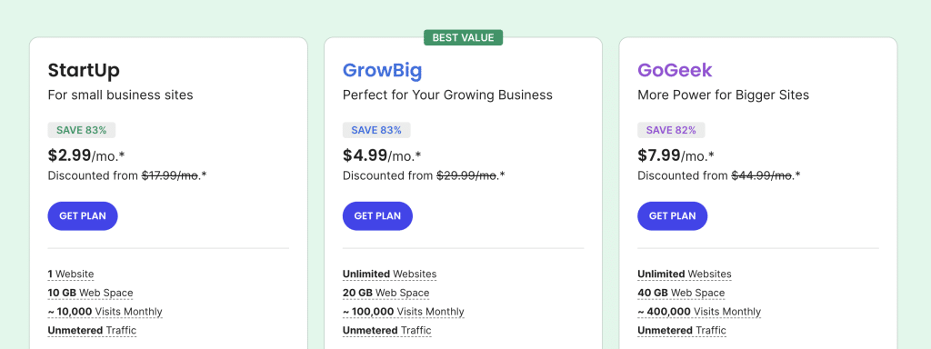 screenshot of Siteground's plan selection screen