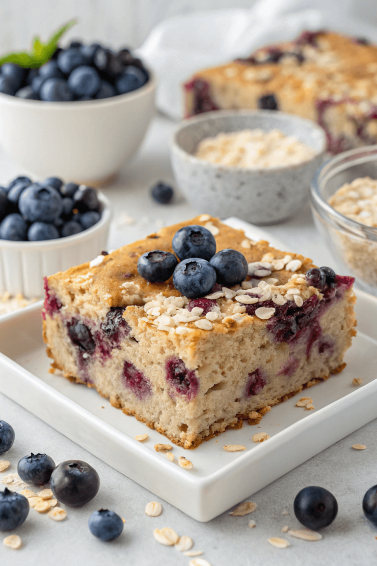 A slice of blueberry cottage cheese breakfast bake topped with fresh blueberries and oats on a white plate, surrounded by bowls of blueberries and oats.