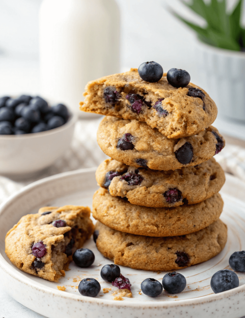 Stack of soft-baked blueberry protein cookies on a plate with extra fresh blueberries, a simple high-protein snack for busy days.