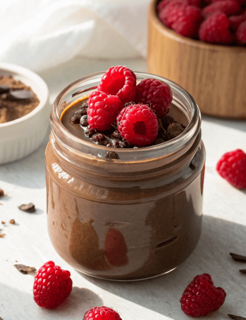 Jar of thick chocolate protein pudding topped with fresh raspberries and cacao nibs, a creamy high-protein snack or dessert.