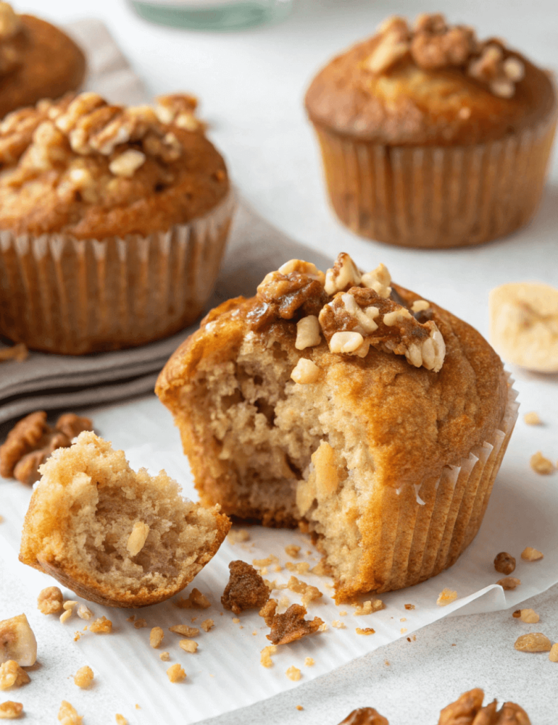 High-protein banana bread muffins topped with chopped walnuts, one muffin broken open to show soft texture, perfect for a healthy snack on the go.