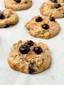 Healthy high protein blueberry breakfast cookies fresh from the oven. Dairy-free, gluten-free recipe packed with superfoods and protein.