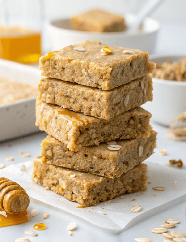 Stack of soft homemade protein bars drizzled with honey and topped with oats, an easy high-protein snack on the go.