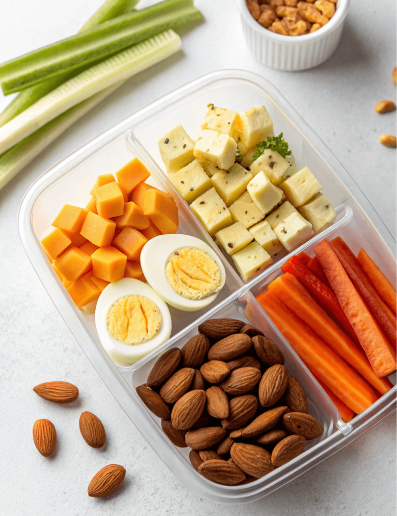 Divided meal prep snack box filled with hard-boiled eggs, cheese cubes, almonds, and veggie sticks, an easy high-protein snack box for busy days.