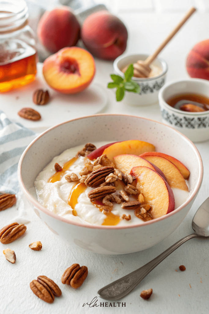 Bowl of creamy Greek yogurt topped with sliced fresh peaches, chopped pecans, and a drizzle of golden maple syrup.