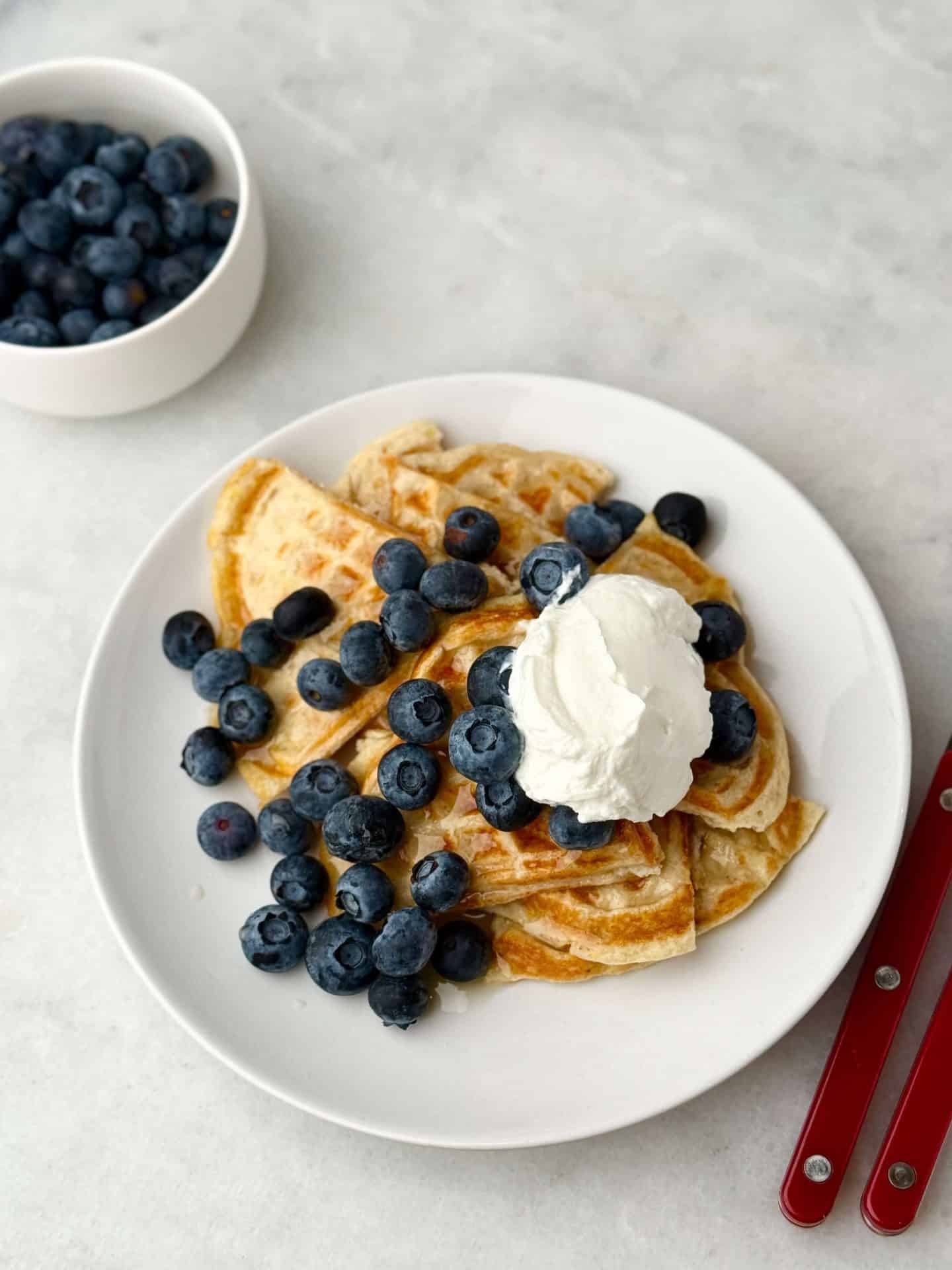 Close-up of fluffy 3 ingredient protein waffles topped with fresh blueberries, a dollop of Greek yogurt, and a drizzle of syrup on a white plate, with extra blueberries in a small bowl in the background.