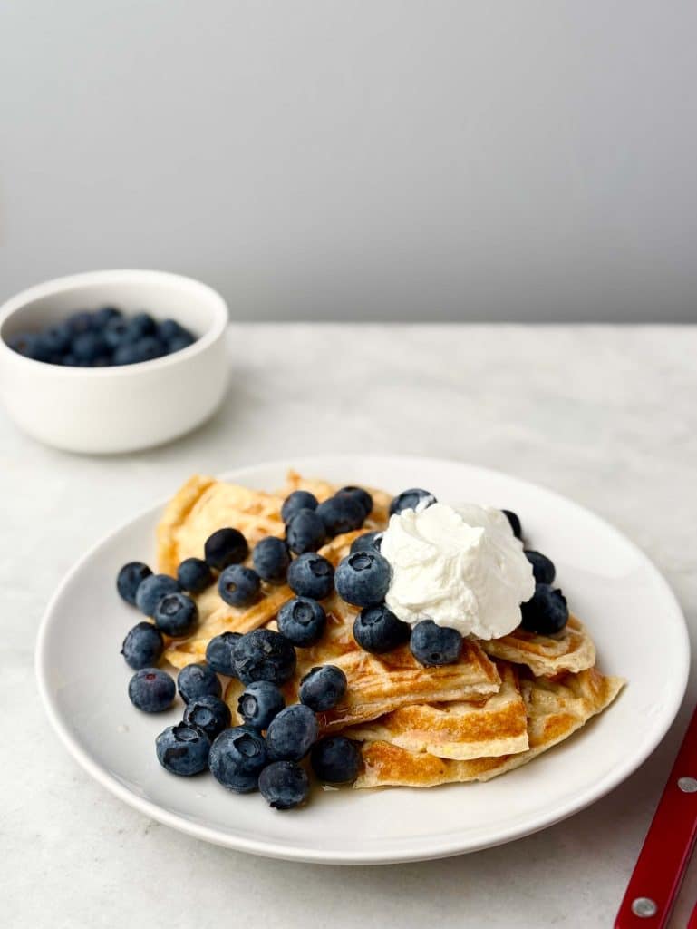 Side view of 3 ingredient protein waffles served with fresh blueberries and Greek yogurt on a white plate, with a small bowl of blueberries blurred in the background.