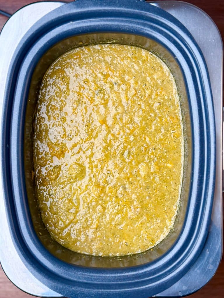 Blended vegetable base in crockpot for high protein broccoli cheddar soup