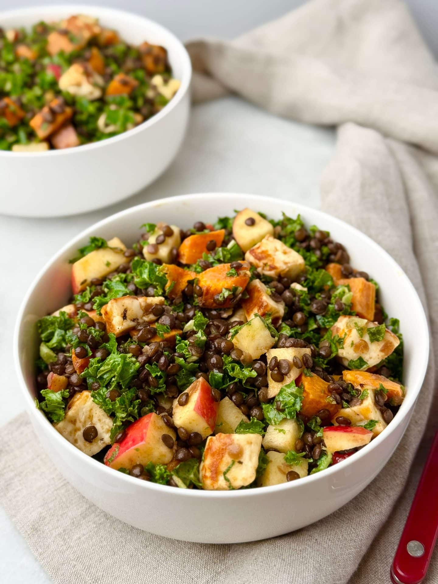 Close-up of fall lentil salad with apple, kale, roasted sweet potato, black lentils, and golden halloumi cubes.
