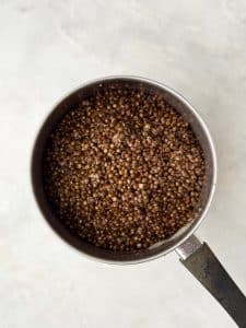 Close-up of black lentils mixed with diced apple, roasted sweet potato, and greens for an autumn lentil and apple salad.