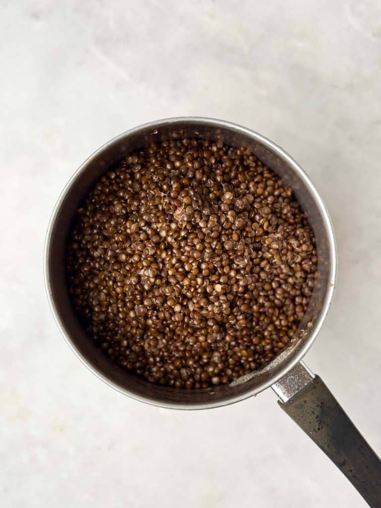 Close-up of black lentils mixed with diced apple, roasted sweet potato, and greens for an autumn lentil and apple salad.