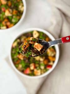 High-protein fall lentil salad with crispy halloumi, kale, sweet potato, and apple served in a white bowl.