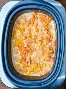 Crockpot filled with butternut squash, lentils, and coconut curry mixture before slow cooking.