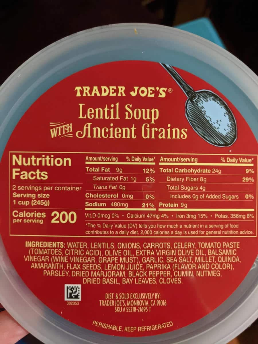 Lid of Trader Joe's lentil soup showing the nutrition facts and ingredients