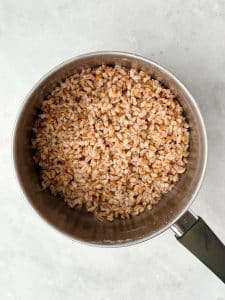Cooked farro in a saucepan on a light countertop, showing its fluffy, chewy texture ready to use in a fall salad.