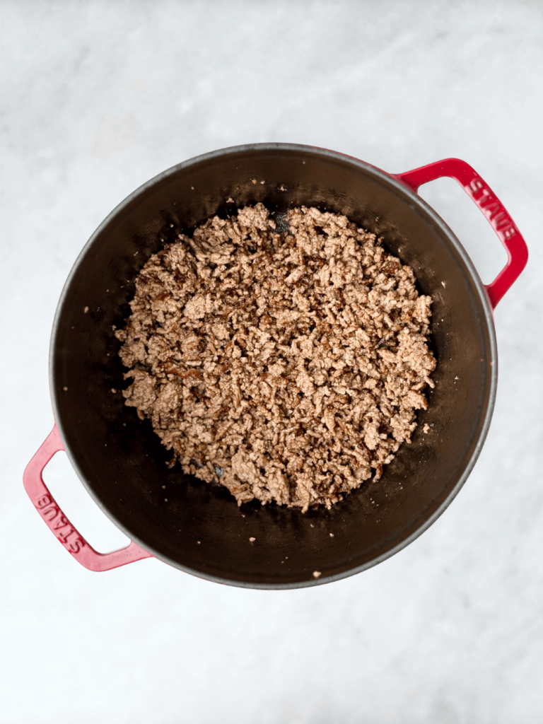 Lean ground beef browned as the first step in making high protein lasagna soup