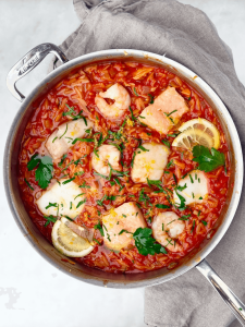 Mediterranean Poached Fish in Spicy Tomato Sauce with Orzo