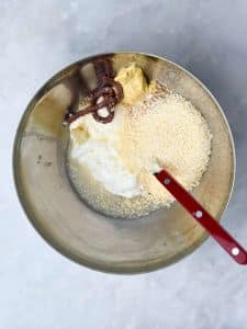 Greek yogurt, mayonnaise, Parmesan, Dijon, Worcestershire, and anchovy paste in a bowl before mixing creamy Caesar dressing for rotisserie chicken salad.