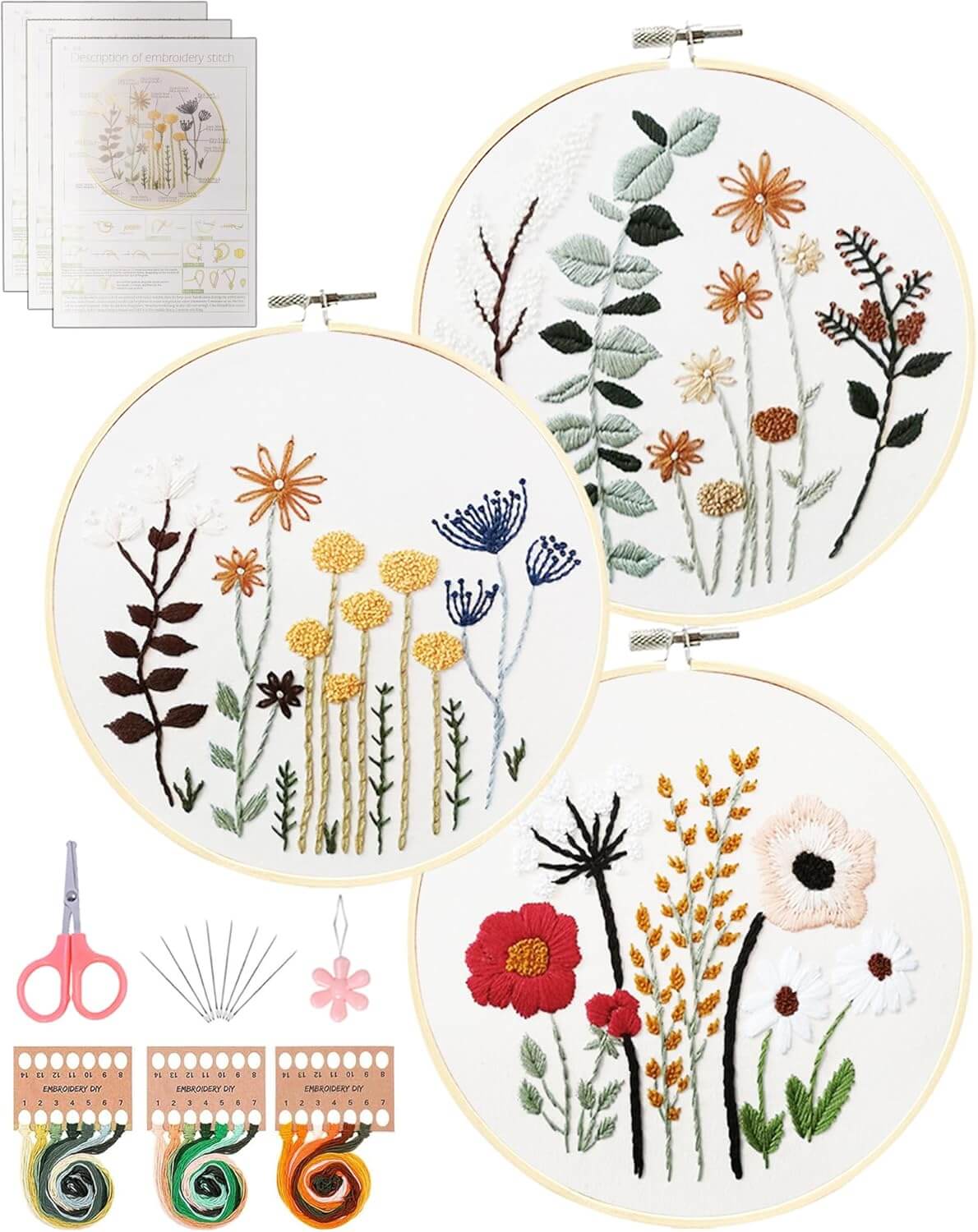 Floral embroidery and cross-stitch kit for beginners with hoops, colorful threads, and patterns for a relaxing crafting hobby.