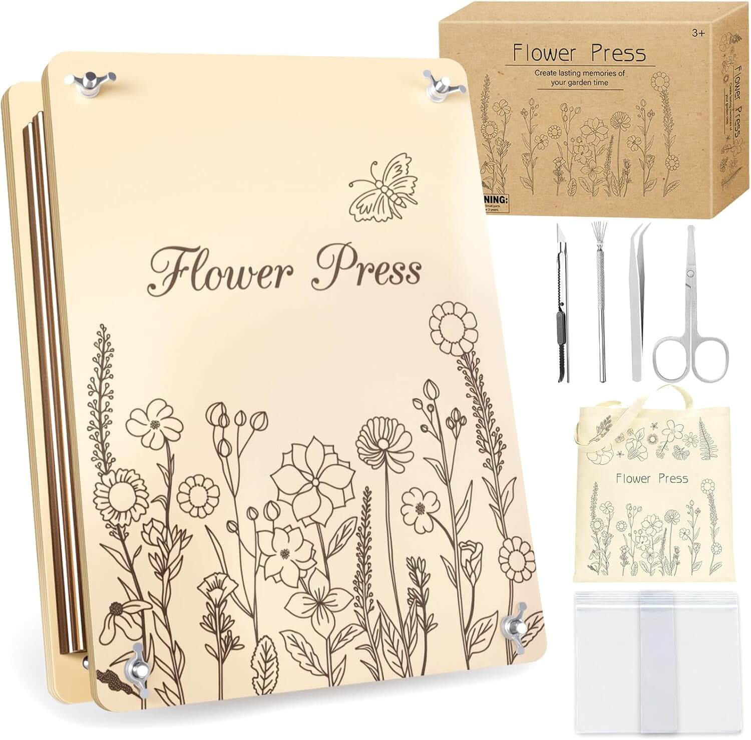 DIY wooden flower press kit with floral engravings and tools, a creative old-school hobby for preserving garden blooms