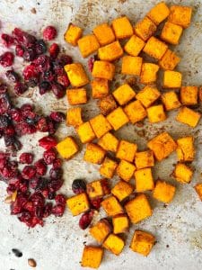 Roasted butternut squash and burst cranberries seasoned with garlic, onion, cumin, coriander, and smoked paprika.