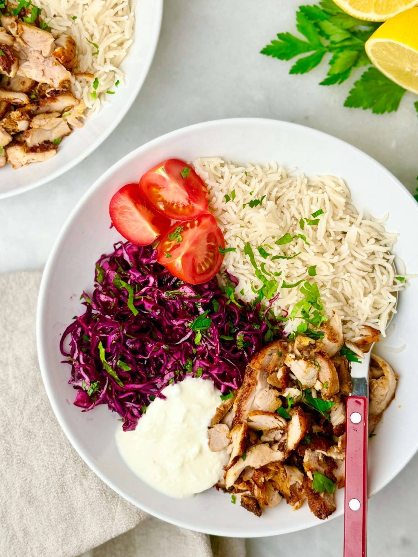 Air fryer chicken shawarma bowls with hummus, pickled onions, and herby yogurt drizzle