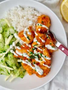 Crispy panko buffalo chicken with yogurt ranch, jasmine rice, and fresh celery apple slaw.