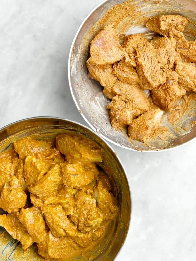 Side-by-side comparison of yogurt-marinated chicken tikka, one marinated overnight and one marinated for 15 minutes