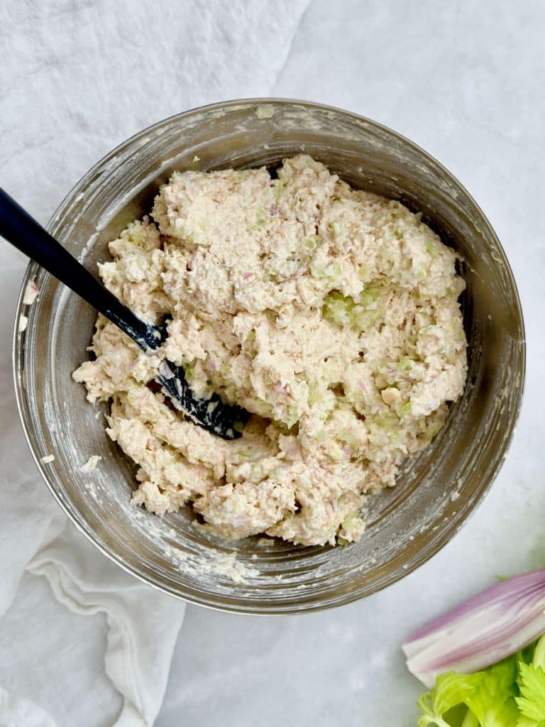 Creamy Round Swamp Farm chicken salad copycat mixed in a bowl, classic deli-style texture.
