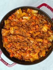 One-pot unstuffed cabbage soup with ground beef, cabbage, rice, and vegetables